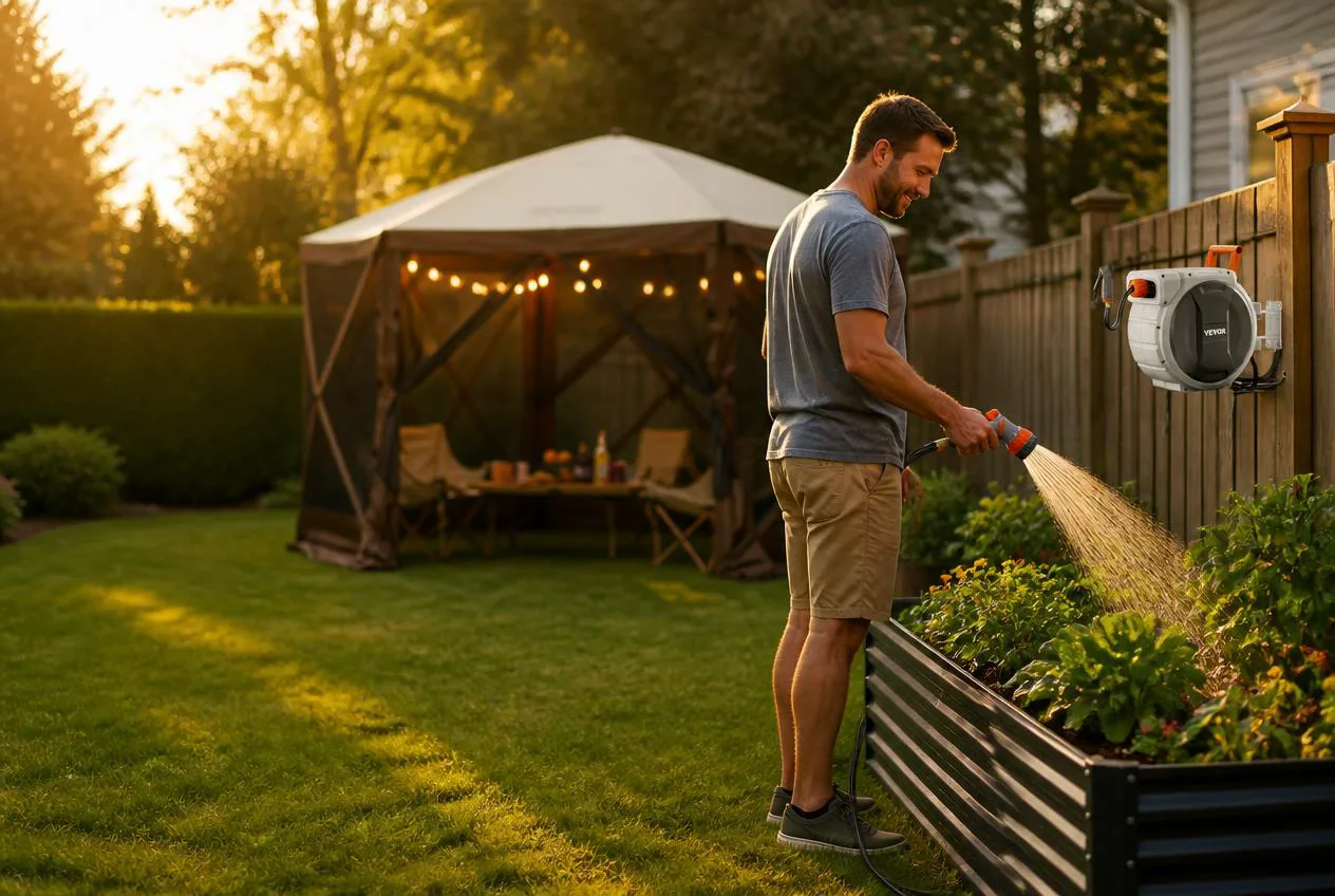 Homeowner watering raised garden beds beside a pop-up gazebo in a golden-hour backyard