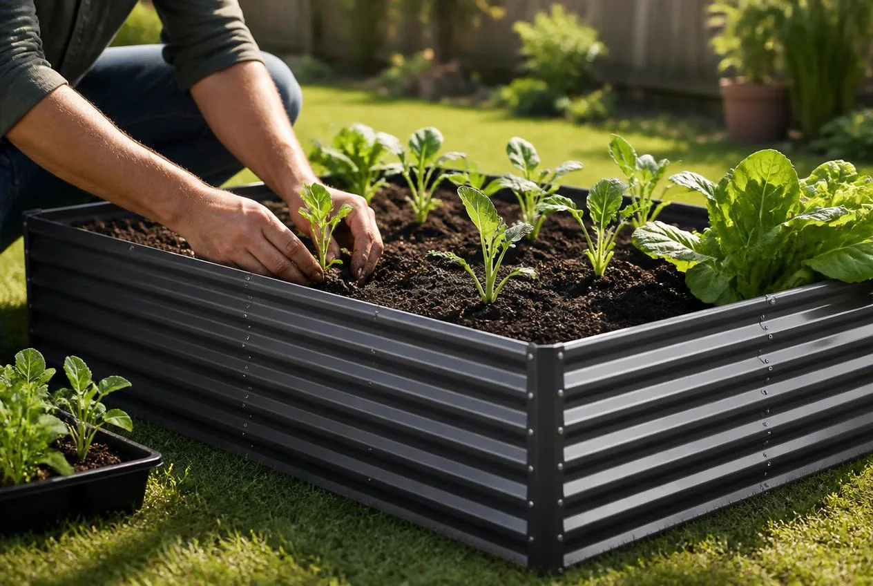 Hands planting seedlings into a raised metal garden bed
