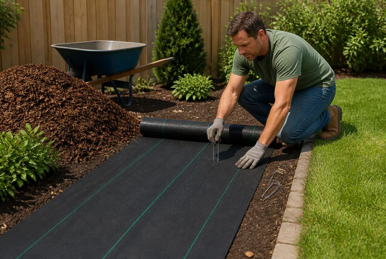 Unrolling weed barrier fabric over a garden bed