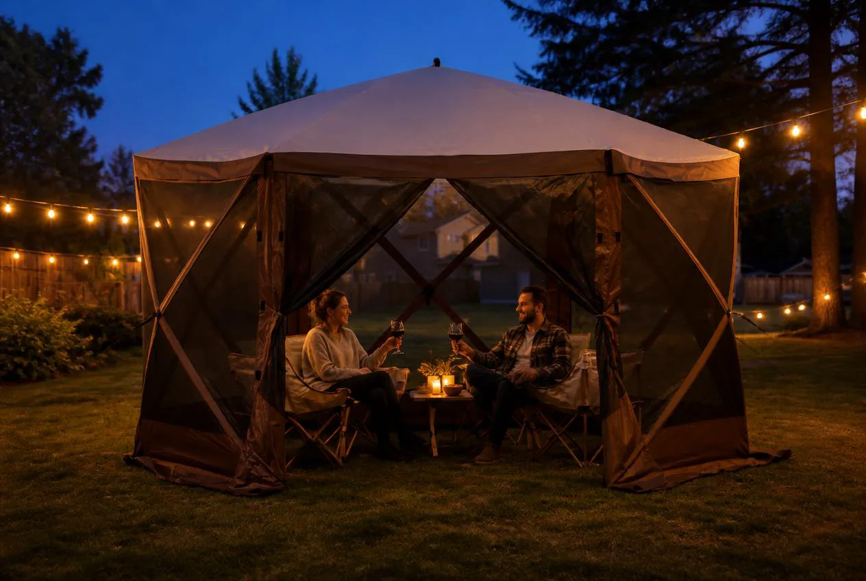 Couple relaxing inside a pop-up screen gazebo at dusk