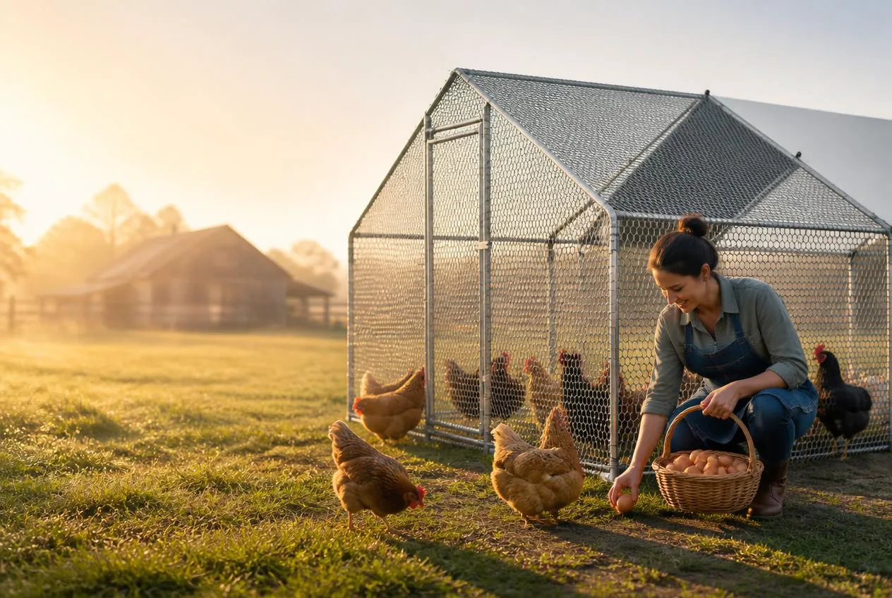 Woman collecting fresh eggs beside a walk-in metal chicken coop at sunrise