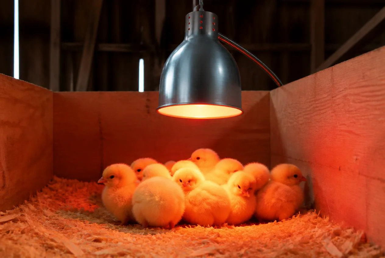 Chicks huddled under a warm brooder heat lamp