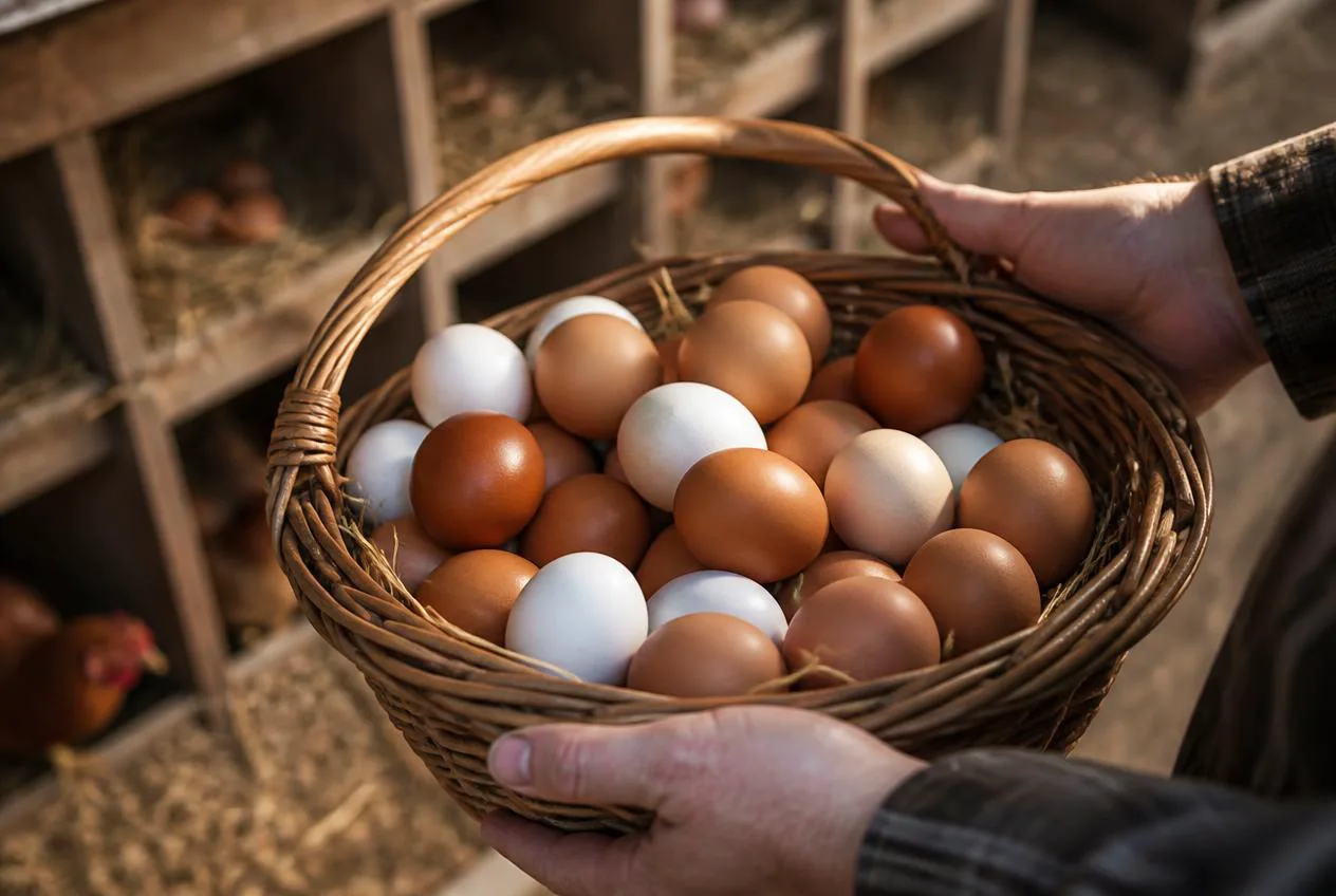 A basket of fresh eggs collected in the coop