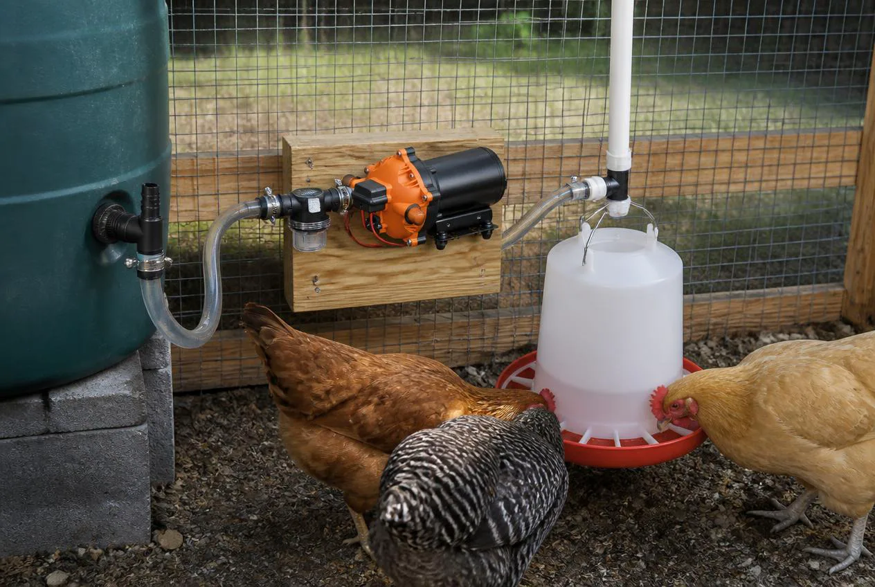 Automatic poultry watering with a 12V pump