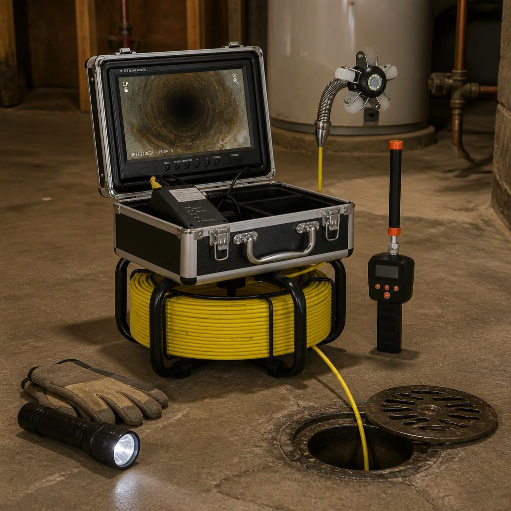 Sewer camera inspecting a basement floor drain
