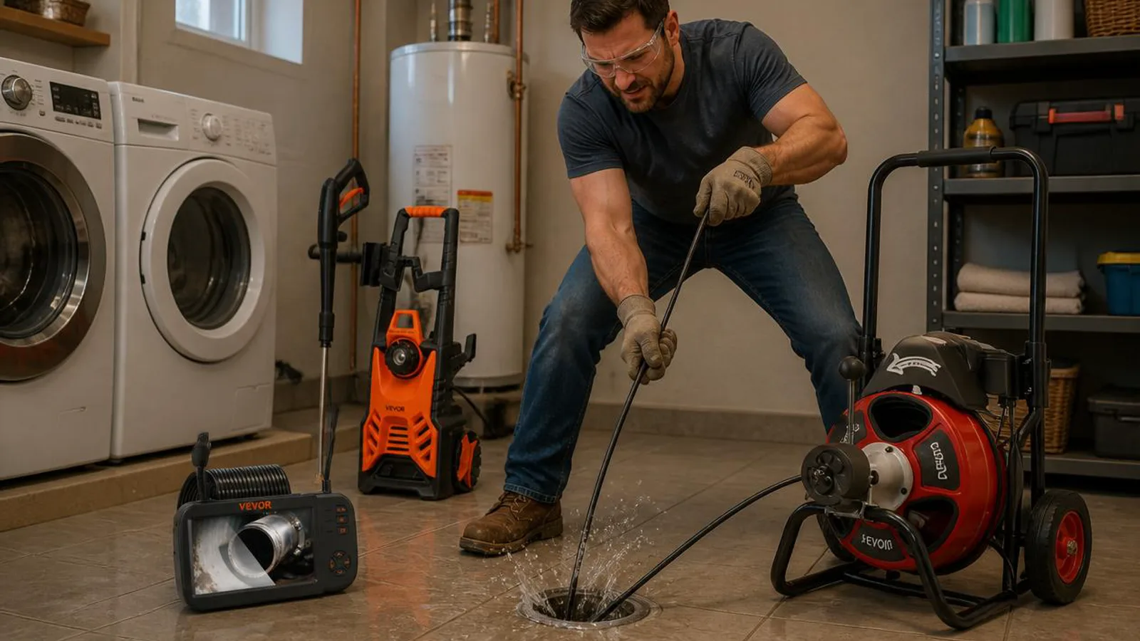 Homeowner clearing a floor drain with the VEVOR drain cleaning machine, inspection camera and drain auger beside him