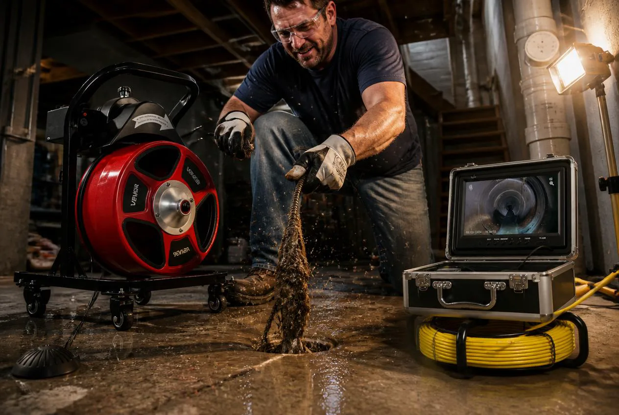Homeowner pulling a clog out of a floor drain with the VEVOR drain cleaning machine
