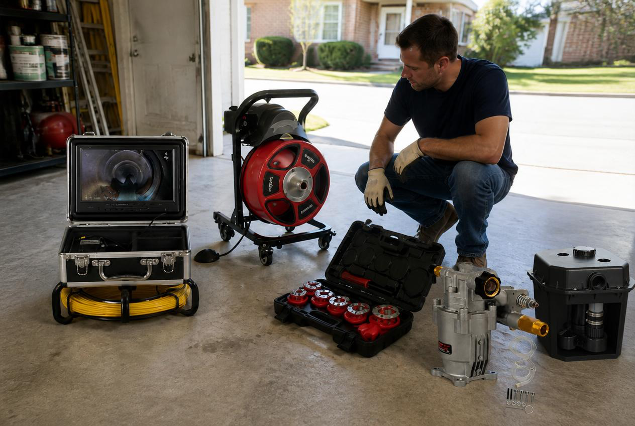 The complete VEVOR drain rescue kit laid out in a home garage