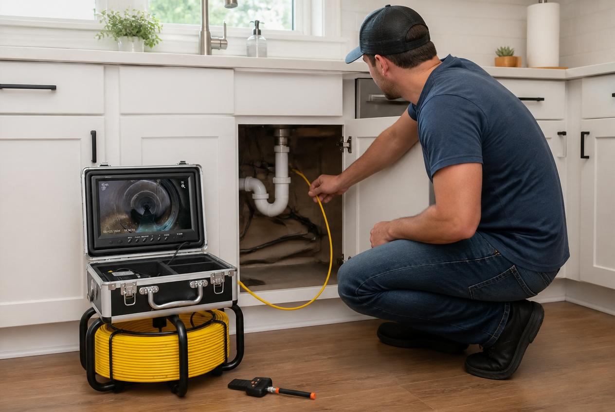Homeowner using the VEVOR sewer camera under a kitchen sink