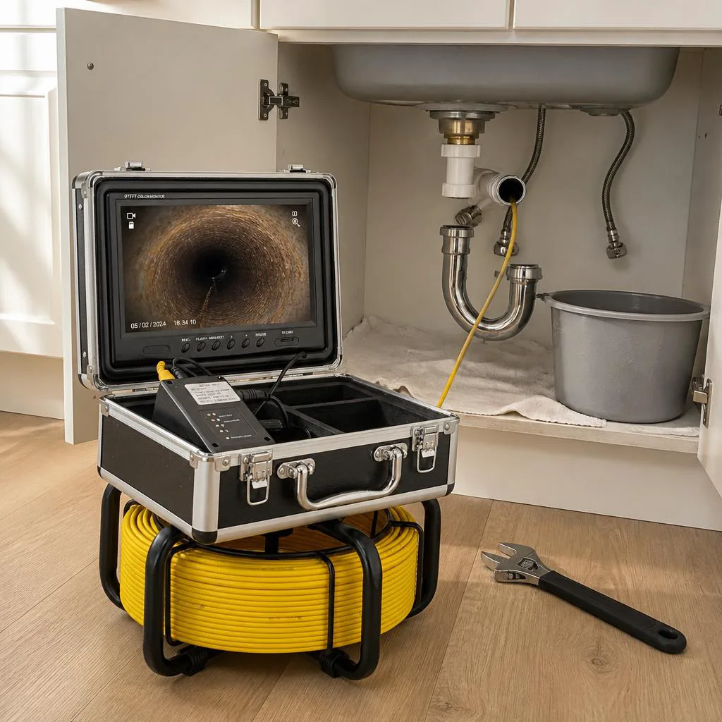 Sewer camera inspecting the pipe under a kitchen sink