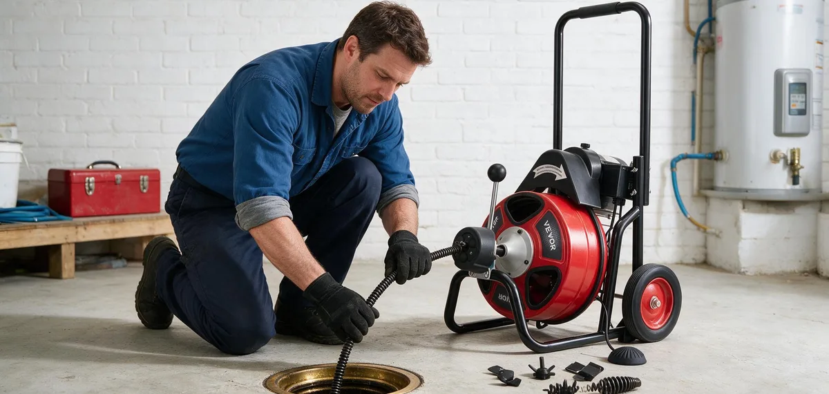 Clearing a bathroom floor drain with the drain cleaning machine