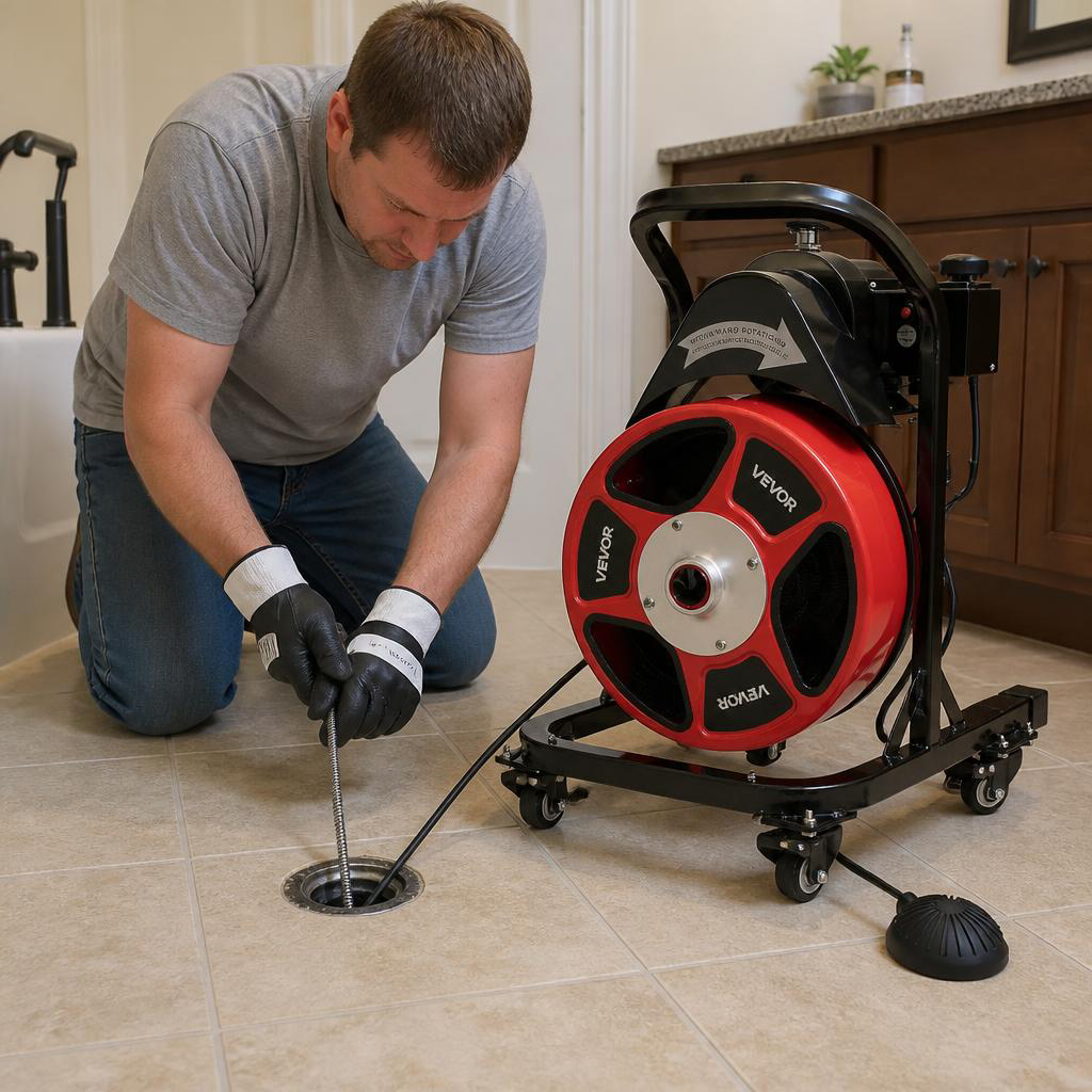 Clearing a bathroom floor drain with the drain cleaning machine