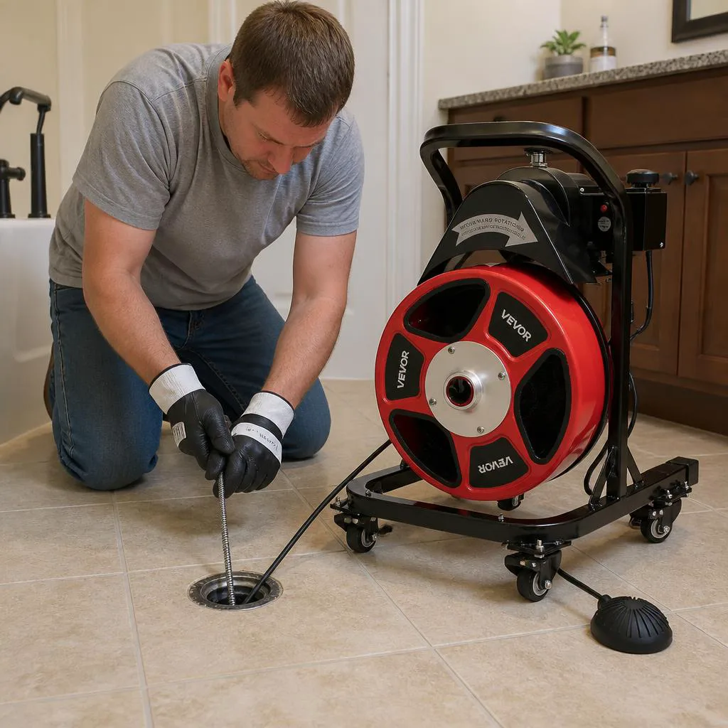 Clearing a bathroom floor drain with the drain cleaning machine