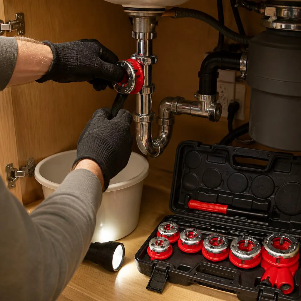 Repairing a drain fitting with the pipe threader kit
