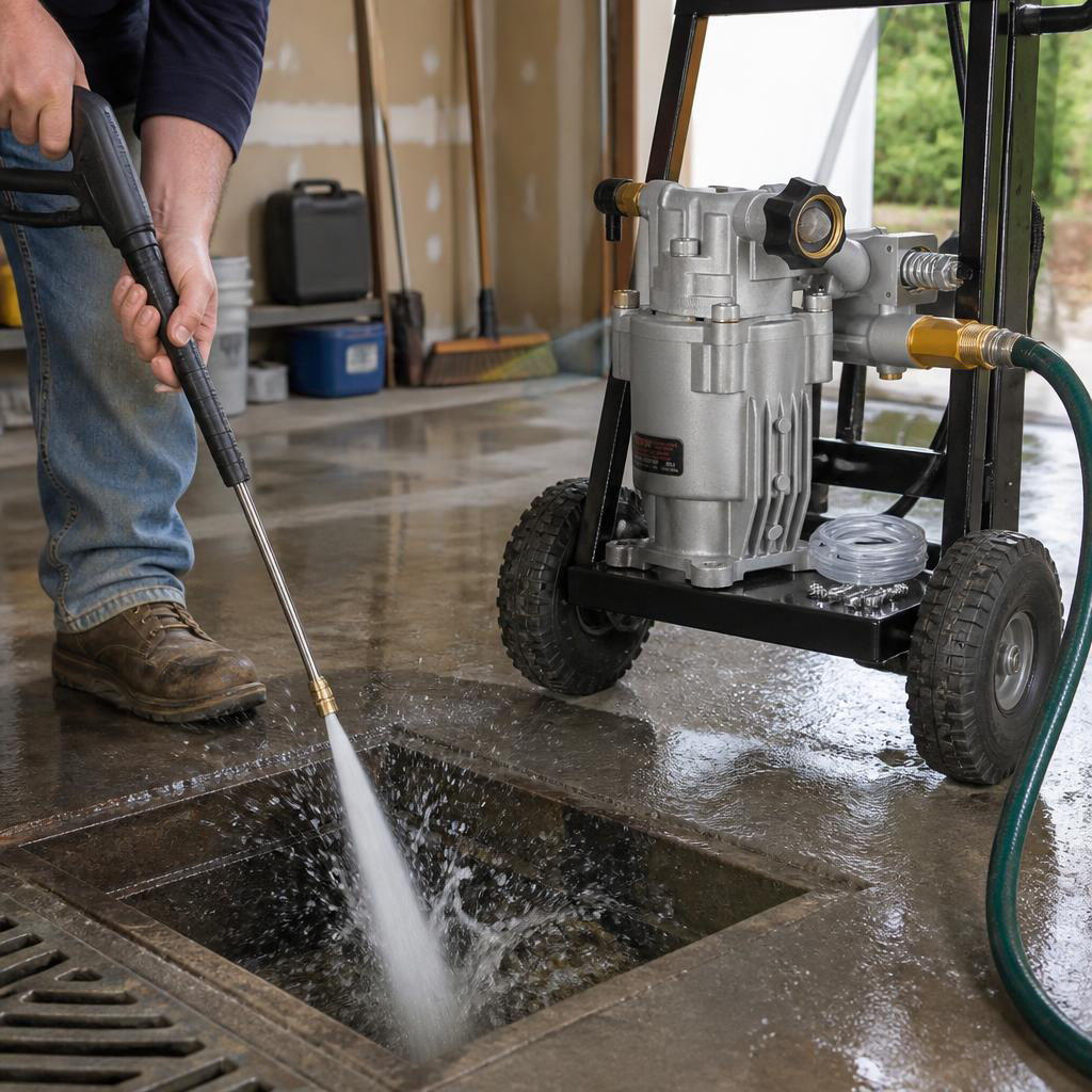 Flushing a garage floor drain with the pressure washer pump