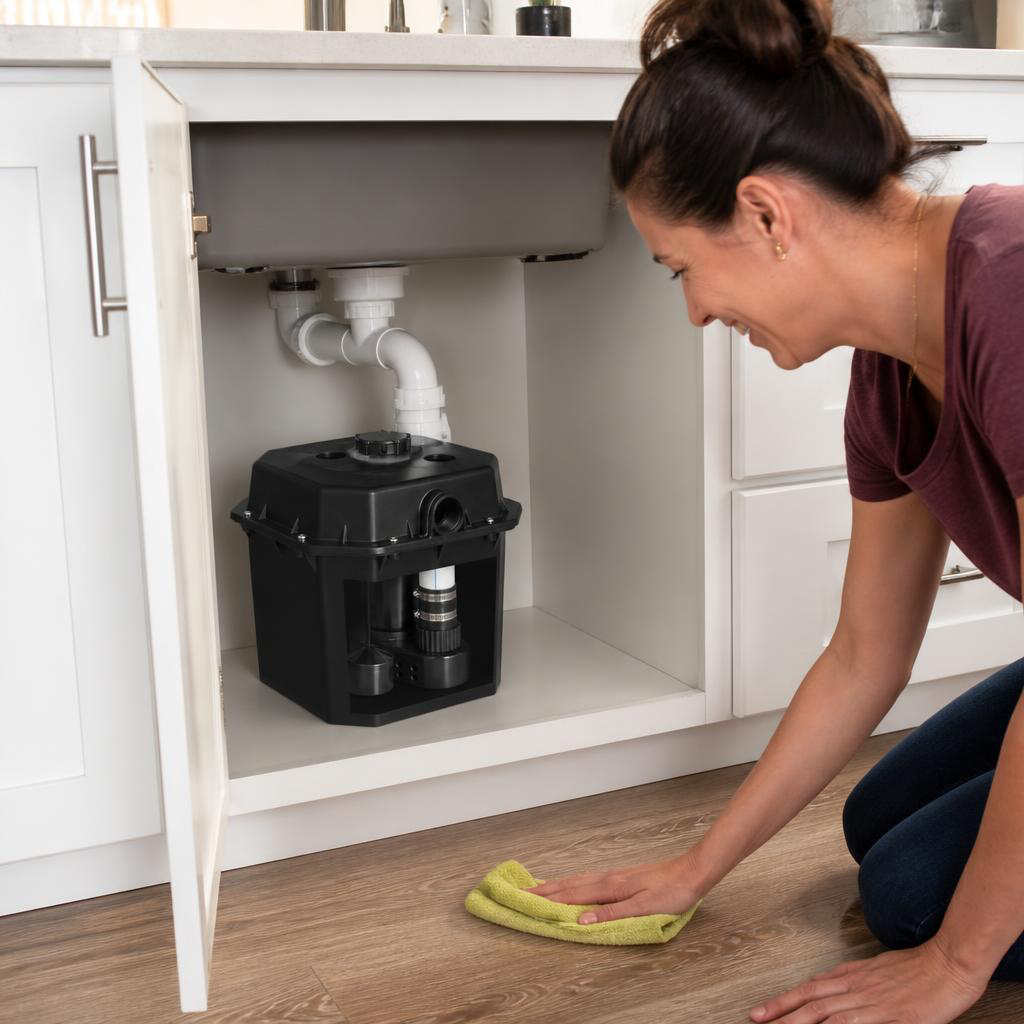 Sink drain pump installed under the kitchen sink