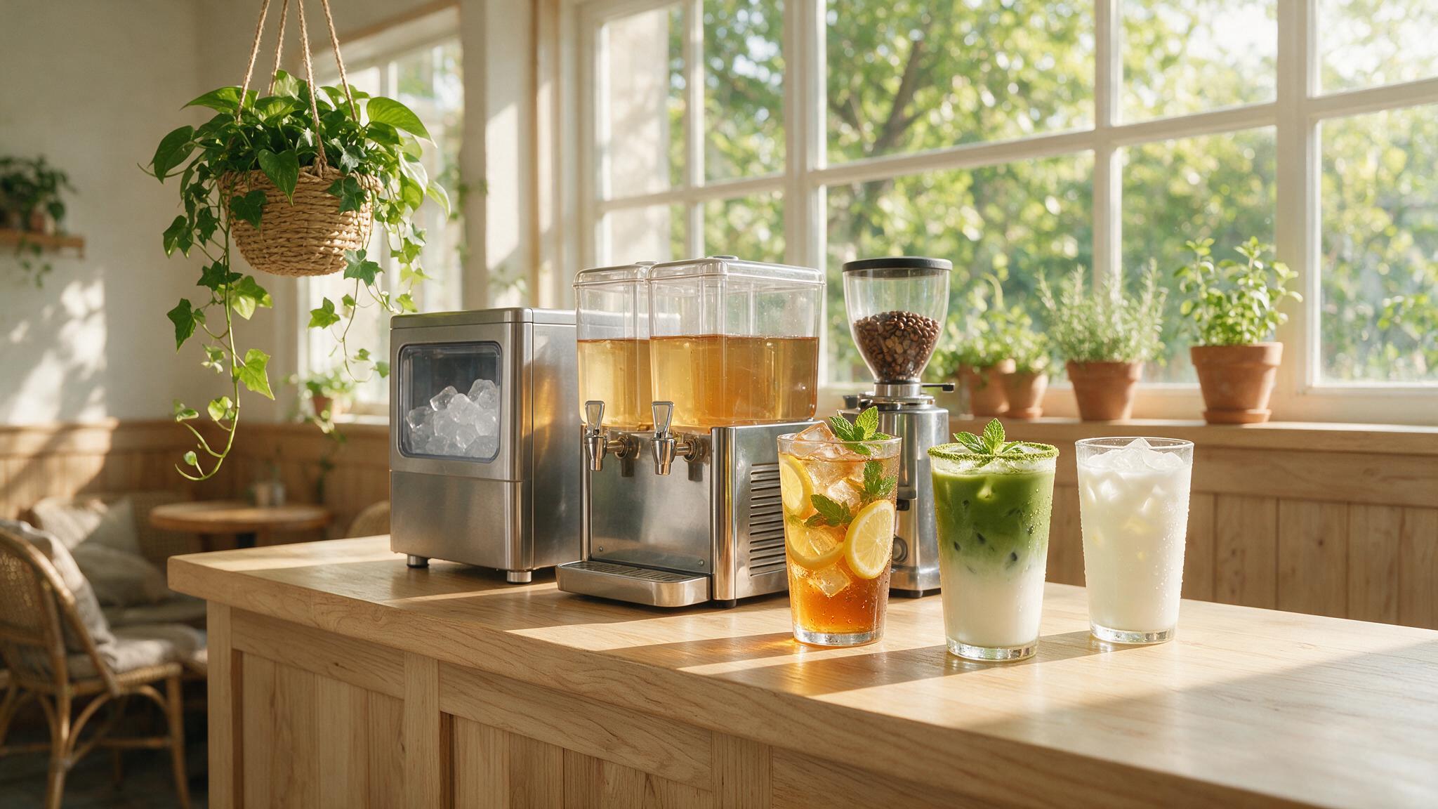 Drink shop counter with ice maker and beverage dispenser