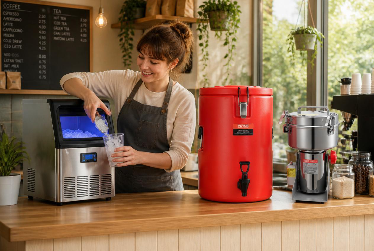 Barista scooping ice from a VEVOR commercial ice maker behind a drink shop counter