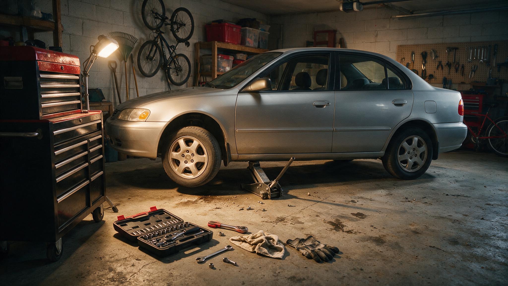 Car lifted on electric jack in a home garage