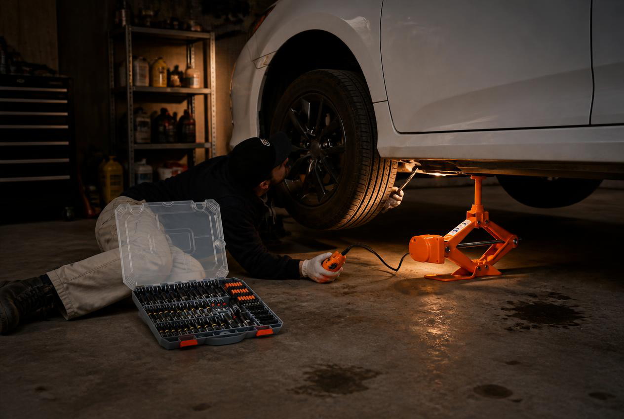 Car lifted on a VEVOR electric scissor jack in a home garage while a man wrenches underneath