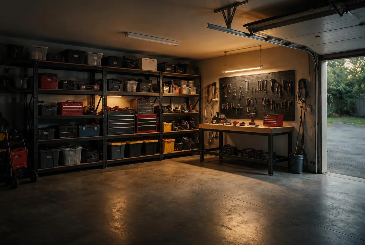 A fully organized pro-grade garage with heavy-duty VEVOR shelving, workbench and pegboard