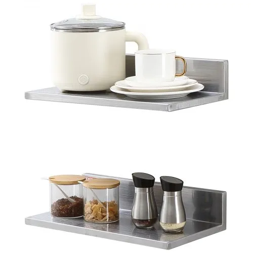 VEVOR 8.6" x 16" -2 Pack Stainless Steel Shelf, Wall Mounted Floating Shelving with Backsplash, 44 lbs Load Capacity Commercial Shelves, Heavy Duty Storage Rack for Restaurant, Kitchen, Bar, Home, and Hotel