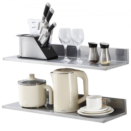 VEVOR 8.6" x 30" -2 Pack Stainless Steel Shelf, Wall Mounted Floating Shelving with Backsplash, 44 lbs Load Capacity Commercial Shelves, Heavy Duty Storage Rack for Restaurant, Kitchen, Bar, Home, and Hotel