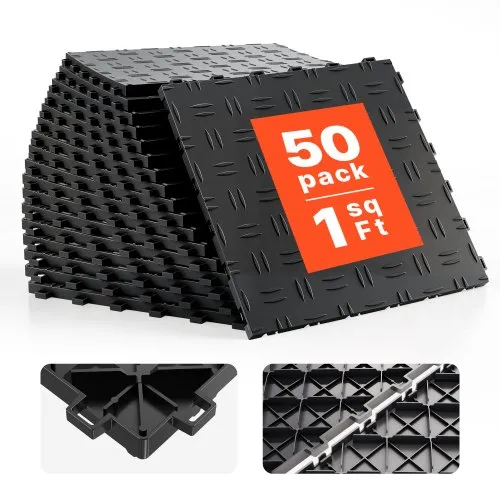 VEVOR Garage Tiles Interlocking, 12 x 12 x 0.53 inch 50 Pack Garage Floor Covering Tiles, Non-Slip Double-Sided Texture Garage Flooring Tiles, for Garages, Basements, Repair Shops, Black