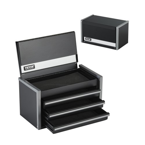 VEVOR Metal Tool Box, 8.6-inch, Portable Metal Tool Box with 3 Drawers, Small Tool Chest with EVA Liners and PP Feet Pads, Heavy-Duty Steel With Ball Bearing Opening and Powder Coated Finish, Black
