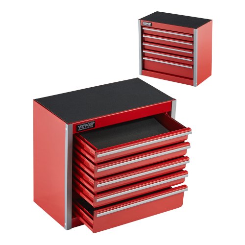 VEVOR Metal Tool Box, 8.6-inch, Portable Metal Tool Box with 5 Drawers, Small Tool Chest with EVA Liners and PP Feet Pads, Heavy-Duty Steel With Ball Bearing Opening and Powder Coated Finish, Red