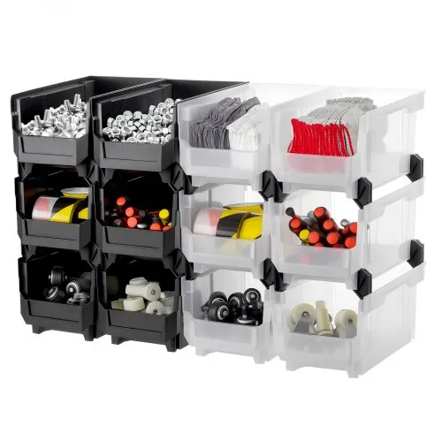 VEVOR Plastic Stackable Storage Bins, 14.8 x 8.5 x 7.1 inch (12 Pack), Plastic Containers for Organizing & Storage Bins for Garage, Small Parts, Office Supplies, Other Accessories, Black & Transparent