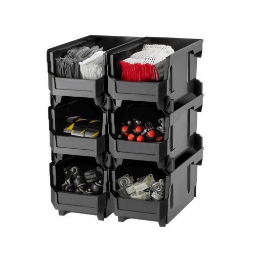 VEVOR Plastic Stackable Storage Bins, 14.8 x 8.5 x 7.1 inch (6 Pack), Plastic Containers for Organizing and Storage Bins for Closet, Garage, Small Parts, Office Supplies and Other Accessories, Black