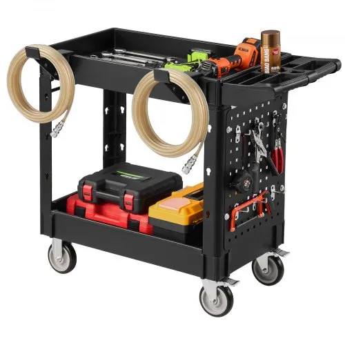 VEVOR Utility Cart, 550 lbs Capacity, 2 Tier Service Cart with 360° Swivel & Fixed Wheels (2 with Brakes), Heavy Duty Plastic Rolling with Tray and Pegboard, Tool Storage for Garage Warehouse Workshop