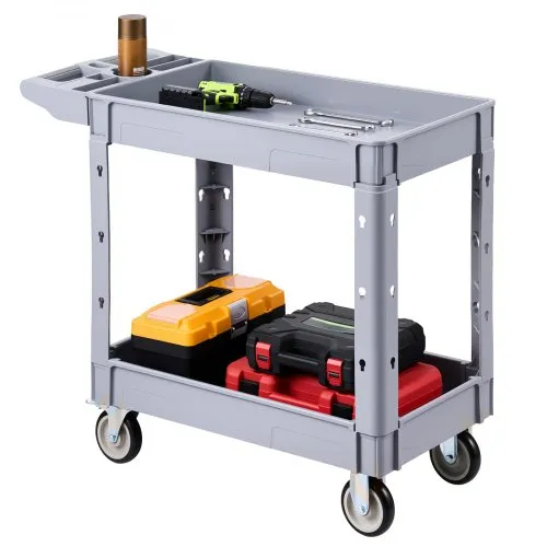 VEVOR Utility Cart, 550 lbs Capacity, 2 Tier Service Cart with 360° Swivel & Fixed Wheels (2 with Brakes), Heavy Duty Plastic Rolling with Storage Tray, Tool Storage for Garage Warehouse Workshop