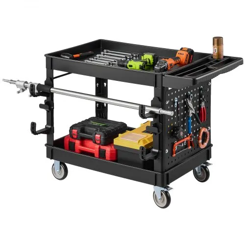 VEVOR Utility Cart, 550 lbs Capacity, 2 Tier Service Cart with 360° Swivel & Fixed Wheels (2 with Brakes), Heavy Duty Plastic Rolling with Tray and Pegboard, Tool Storage for Garage Warehouse, Black