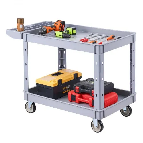 VEVOR Utility Cart, 550 lbs Capacity, 2 Tier Service Cart with 360° Swivel & Fixed Wheels (2 with Brakes), Heavy Duty Plastic Rolling with Storage Tray, Tool Storage for Garage Warehouse Workshop Gray