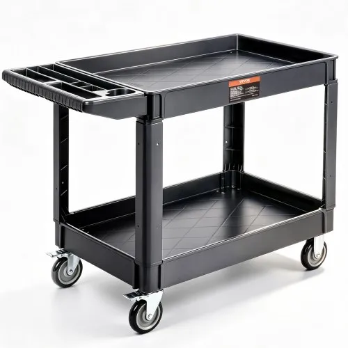 VEVOR Utility Service Cart, 2 Shelf 550LBS Heavy Duty Plastic Rolling Utility Cart with 360° Swivel Wheels (2 with Brakes), Large Lipped Shelf, Ergonomic Storage Handle for Warehouse/Garage/Cleaning