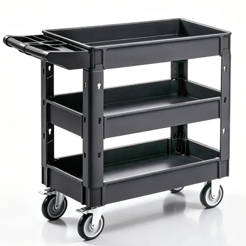 VEVOR Utility Service Cart, 550 LBS Laod Capacity, 3 Shelf Heavy Duty Plastic Rolling Utility Cart with 360° Swivel Wheels (2 with Brakes), Ergonomic Storage Handle for Warehouse/Garage/Cleaning