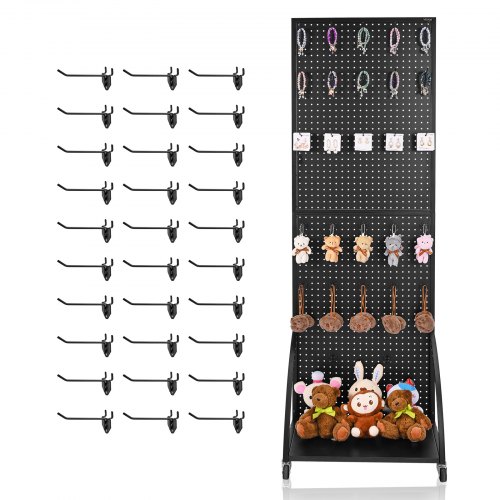 VEVOR Standing Pegboard Display with Base Plate, 23.7 x 66 in Pegboard Display Stand with Casters and 30 Hooks, Thickened Cold-Rolled Steel Peg Board Panel for Retail Store and Jewelry Shop, Black