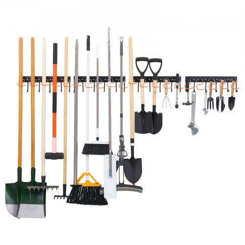VEVOR Garage Tool Organizer 68 Inch 450 lbs Wall Mount Garden Tool Rack, Heavy Duty Hanging Storage Organization, 4 Rails with 24 Fixed L-Hooks, 20 Adjustable S-Hooks, for Yard Tools, Shovel, Shed