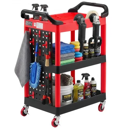 VEVOR Utility Cart, 300 lbs Capacity, 3 Tier Service Cart with 360° Swivel Wheels (2 with Brakes), Heavy Duty Plastic Rolling with Trays and Pegboards, Tool Storage for Garage, Warehouse & Repair Shop
