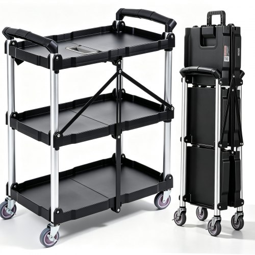 VEVOR Foldable Utility Service Cart, 3 Shelf 165LBS Heavy Duty Plastic Rolling Cart with Lockable Wheels, Ergonomic Handle, Portable Garage Tool Cart for Warehouse/Office/Home(25.62"x15.43"x32.76")