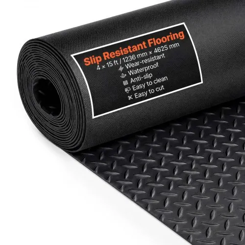 VEVOR Diamond-Plate Rubber Flooring Roll, 3 mm x 4 ft x 15 ft Garage Floor Mat, SBR Rubber Garage Flooring Roll, Easy to Clean, Diamond Plate Rubber Mat for Under Cars, Garage Industry Gym, Black