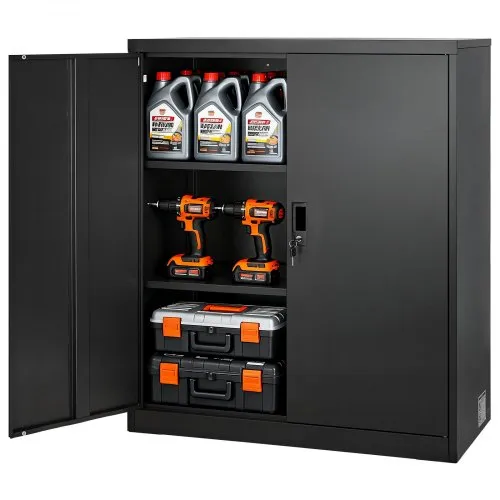 VEVOR Metal Storage Cabinet, 41.7 in Steel Garage Cabinet with 2 Adjustable Shelves, 2 Magnetic Doors & 2 Keys, 3 Tiers Lockable Tool Storage for Pantry, Warehouse, Basement, Office, Black