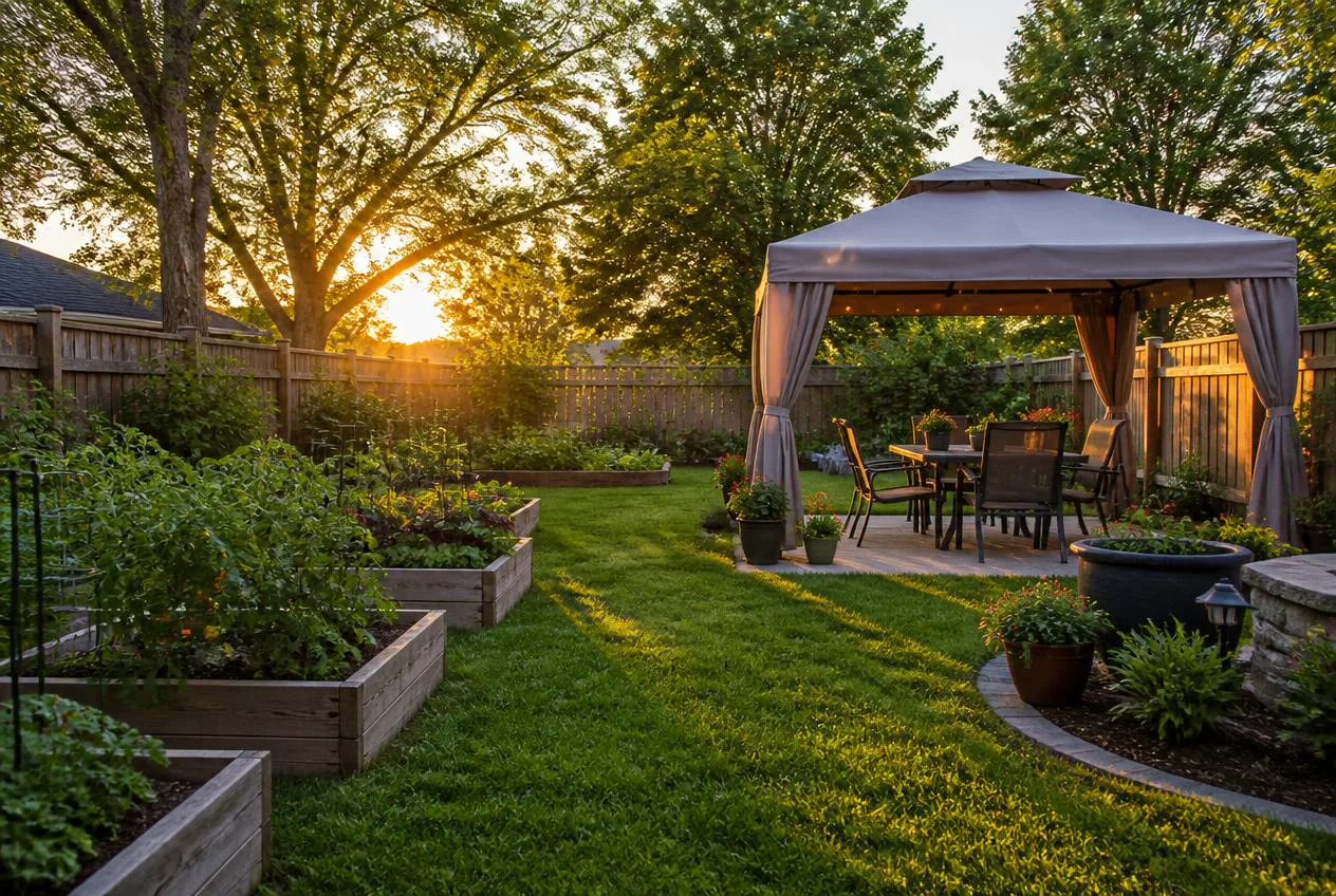 Golden-hour backyard with a pop-up gazebo and raised garden beds