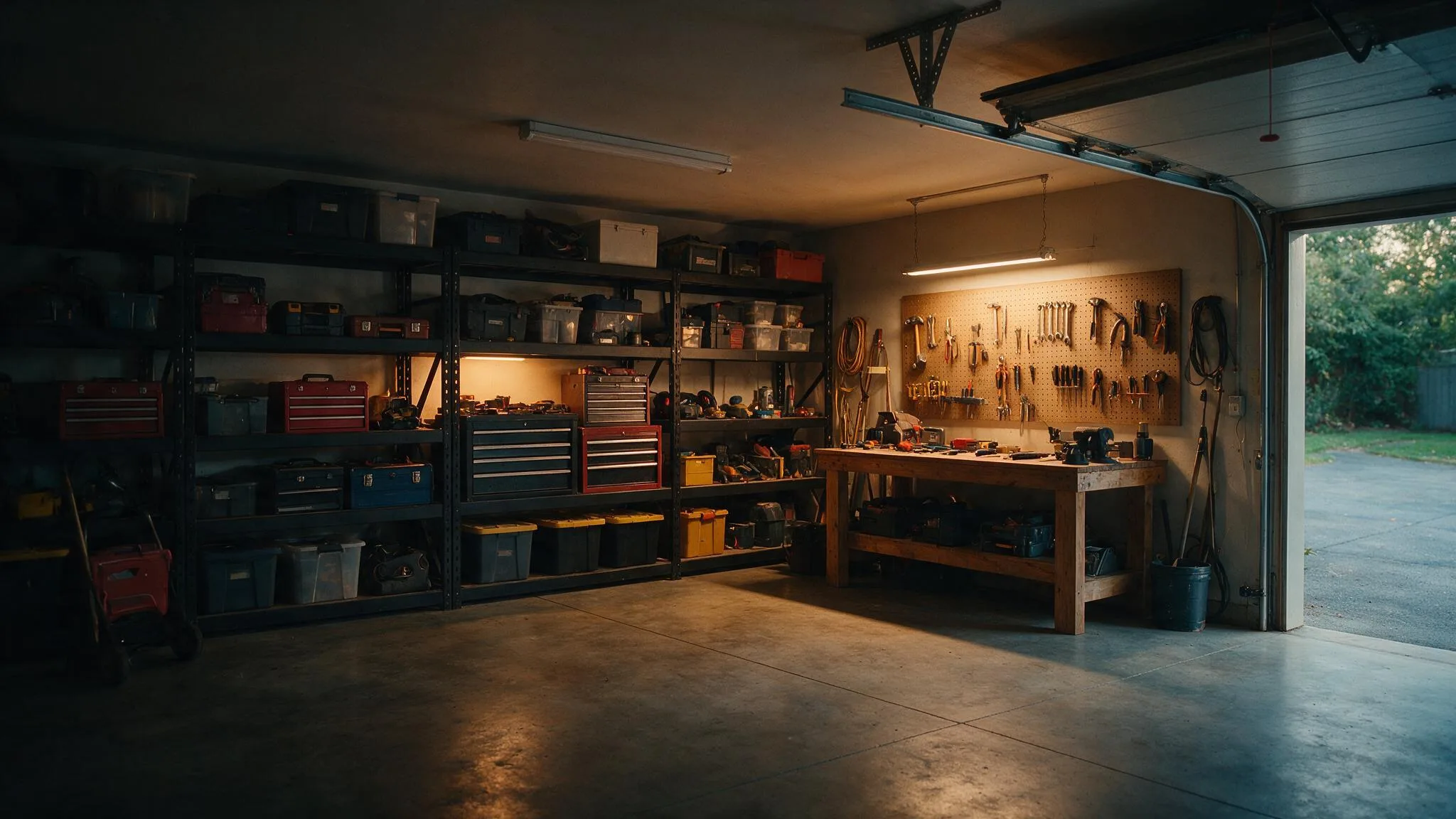 Pro-grade garage with heavy-duty shelving walls and a wooden workbench