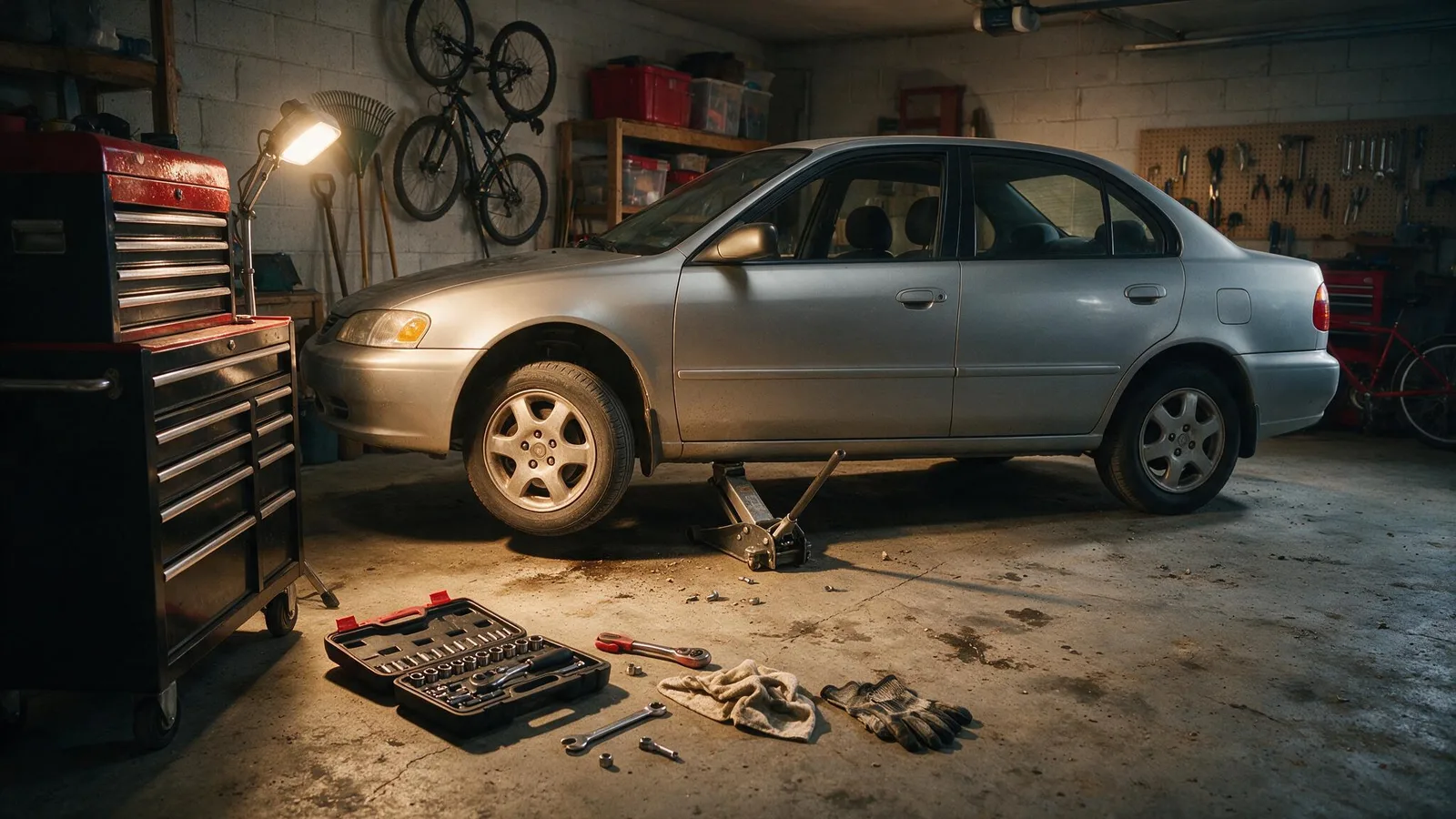 Car lifted on a VEVOR electric scissor jack in a home garage