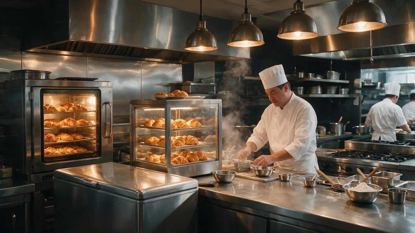 Chef working the line in a stainless steel commercial kitchen