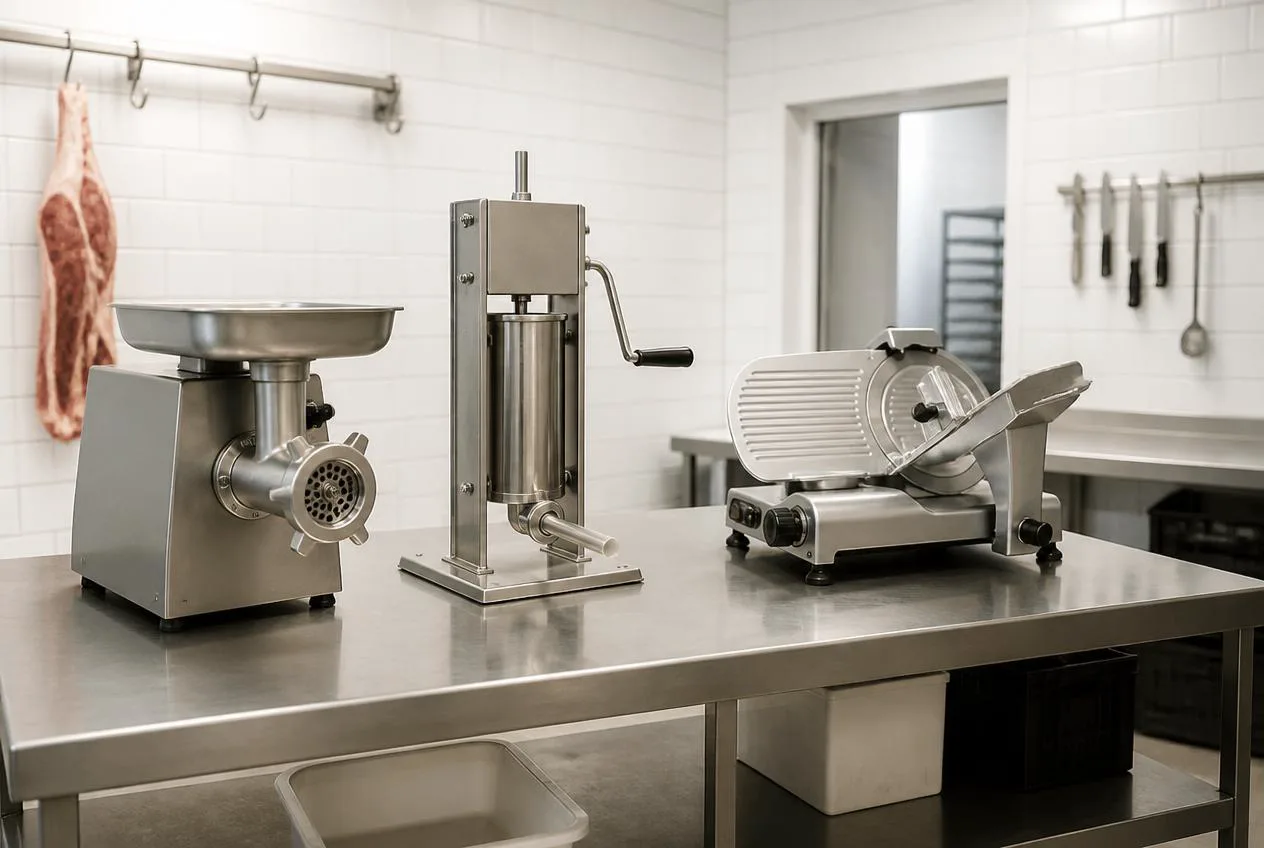 Clean butcher workshop with meat grinder and sausage stuffer on a steel table