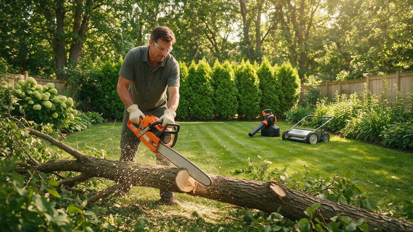Cutting a fallen limb with a gas chainsaw in a tidy backyard